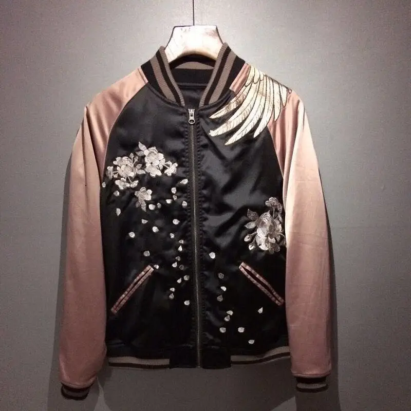 Womens Unisex Japanese Embroidered Sukajan Souvenir Flight Jacket Bomber Birds Coat Chic Outwear Slim Fit A696 | Женская одежда