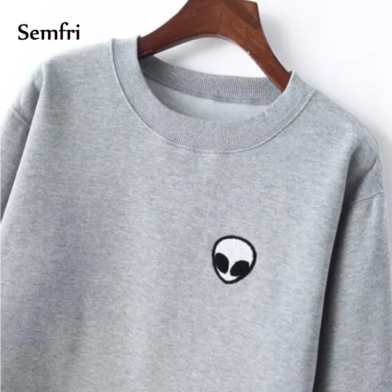 Semfri Women Fleece Aliens Printing Hoodies Sweatshirts Harajuku Crew Neck Sweats Clothing Feminina Loose Short Warm | Женская одежда