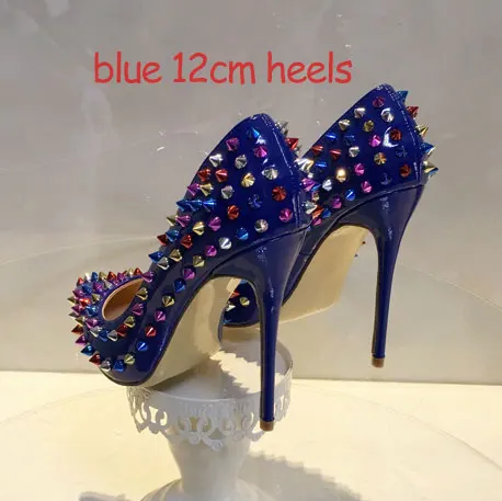 Blue PU 12cm heels Veowalk/; пикантные женские туфли-лодочки с острым носком и заклепками; обувь на очень высоком ультратонком каблуке; женская модная обувь из лакированной кожи для вечеринок - Цвет: Blue PU 12cm heels