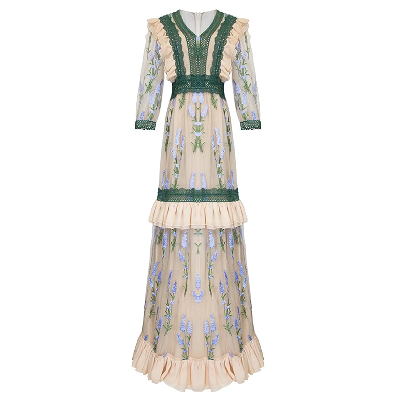 Женское платье до щиколотки с вышивкой VGH трапециевидной формы высокой талией и