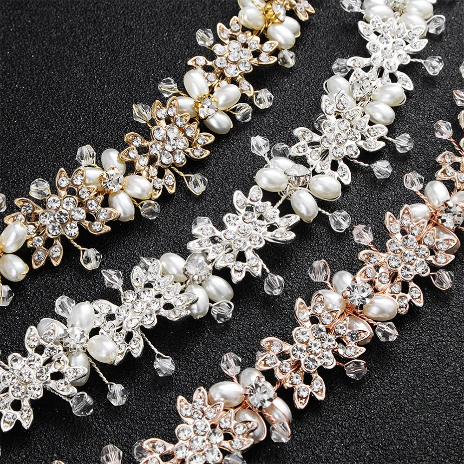 SLBRIDAL золотые Проводные Стразы Хрустальный жемчуг свадебная повязка на голову