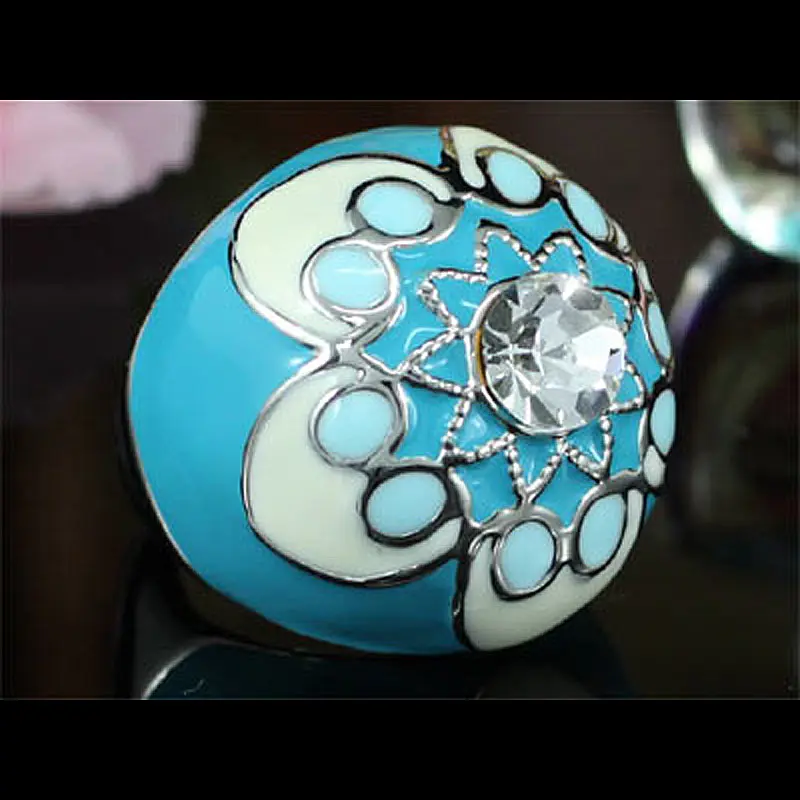 Кольцо с австрийским кристаллом CSR140 павлиньими звездами и голубыми цветами|austrian