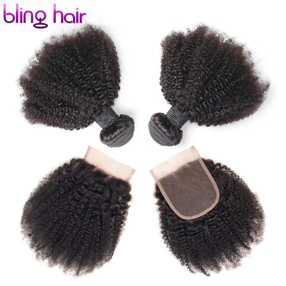 Bling hair бразильские волосы афро кудрявые пряди с закрытием Remy человеческие волосы пряди 4*4 на шнуровке натуральный цвет