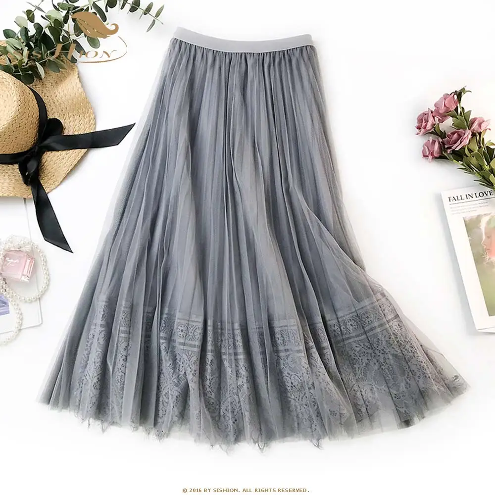 

SISHION 2021New Tulle Women Summer Lace Skirts High Waist QY1014 Women A-Line Midi Skirt Mesh Jupe Femme Pleated Long Skirt