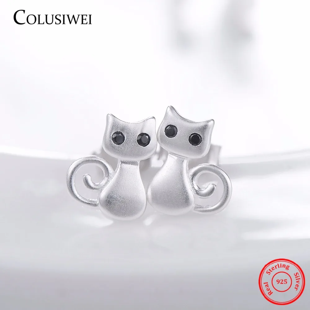 New Lovely Cute Cats Stud Earrings Natural Obsidian Silver 100% 925 Sterling For Women Wedding Jewelry Brincos | Украшения и