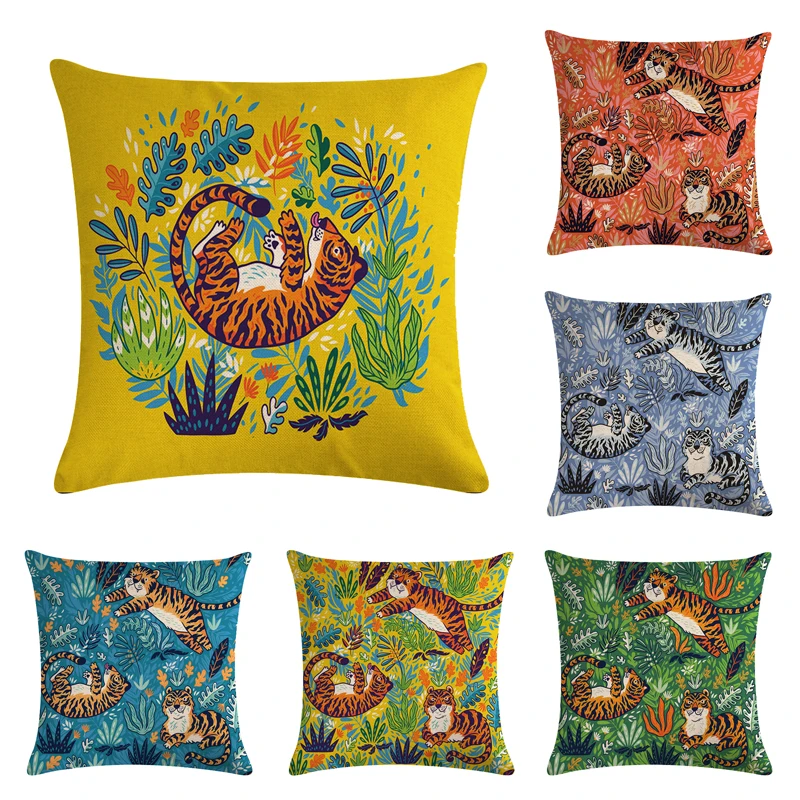 Cute Cartoon Pattern Plant Pillowcase Tiger Pillow Case Married Couples Kitten Cushions Cover Outdoor Chair 45x45cm | Дом и сад
