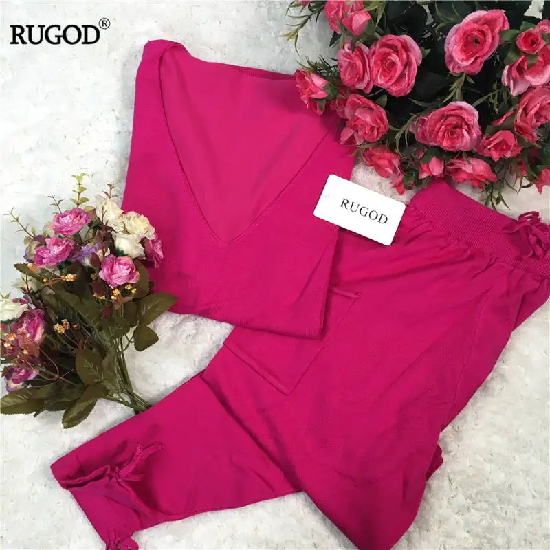Rose red Rugod сексуальный вязаный свитер с v-образным вырезом, брюки, костюмы для женщин, модная однотонная одежда для сна, спортивный костюм, повседневный осенний теплый трикотаж размера плюс - Цвет: Rose red