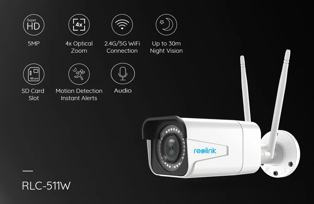 Reolink камера безопасности 5MP 2,4G/5G WiFi камера HD 4x оптический зум Встроенный слот для sd-карты ночное видение Пуля IP камера RLC-511W