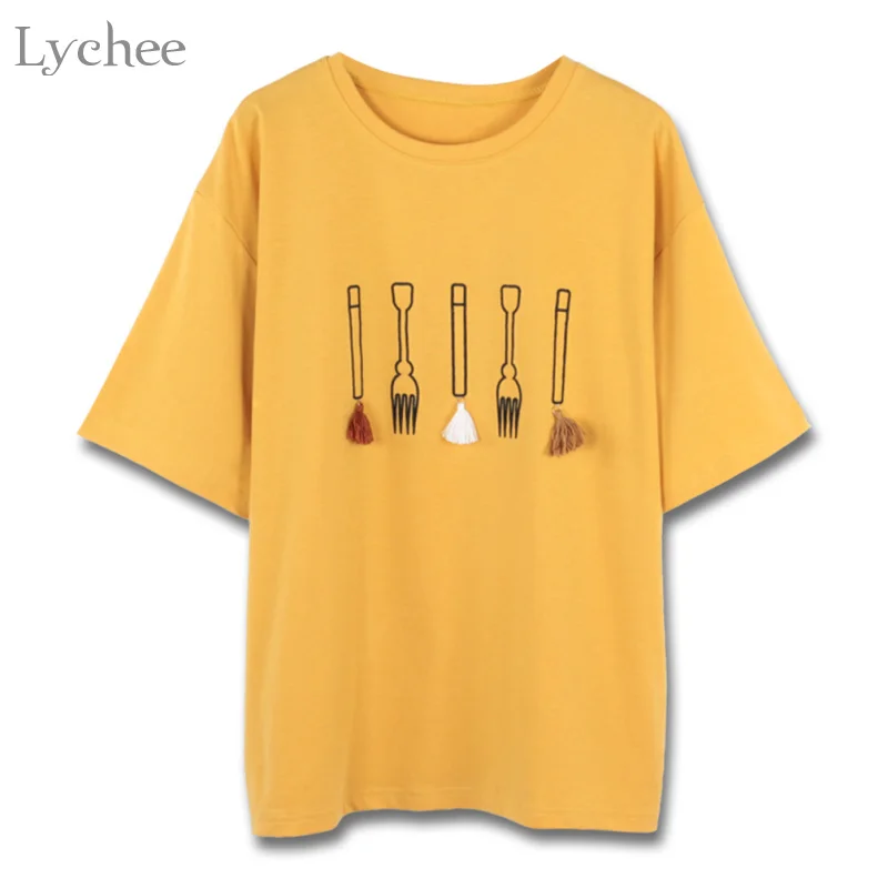 Lychee/симпатичная Женская летняя футболка с персонажами из мультфильмов посуда