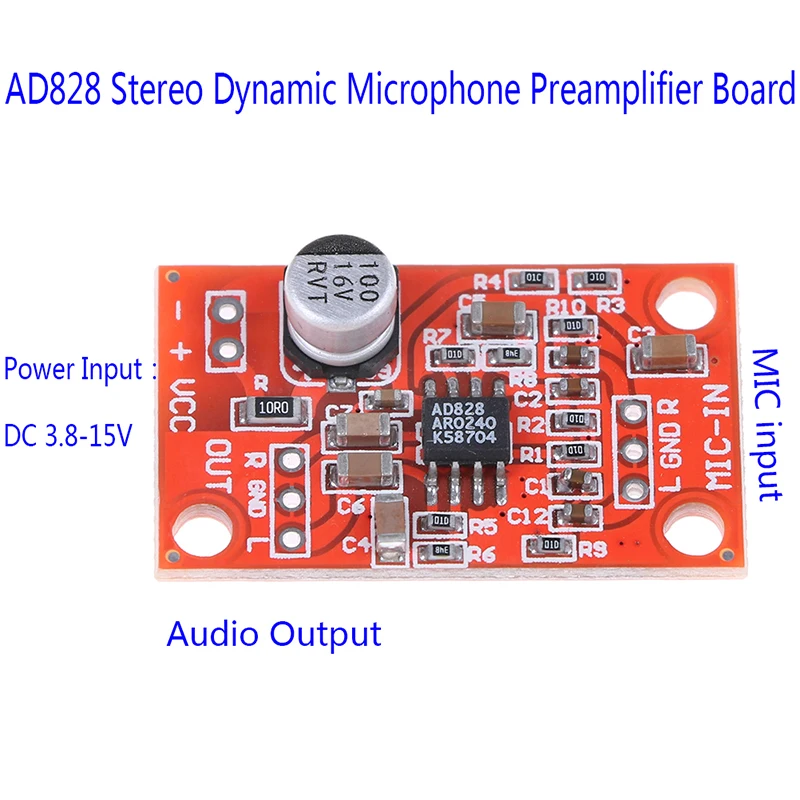 DC 3 7 V-15V 12V AD828 стерео Динамический микрофон предусилитель доска микрофона |