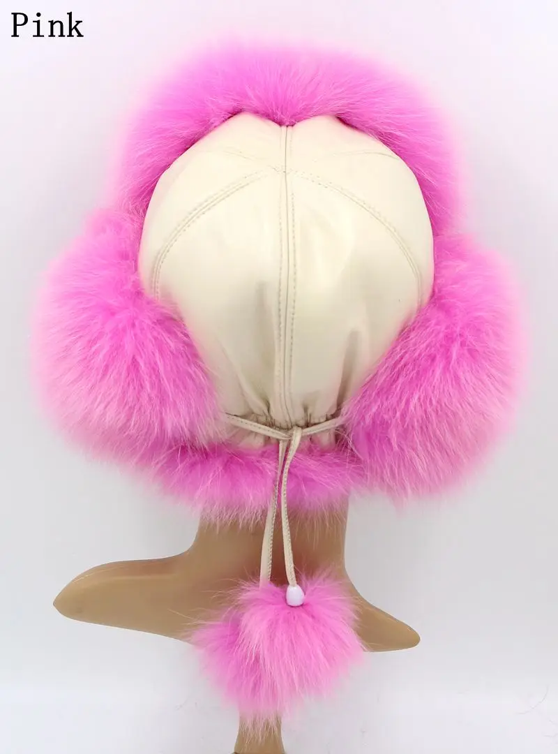 pink Русский зимняя шапка бомбардировщик шапка с натуральным мехом реальный енот шапка ушанка женская шапки горные лыжи натуральная кожа шапка - Цвет: pink