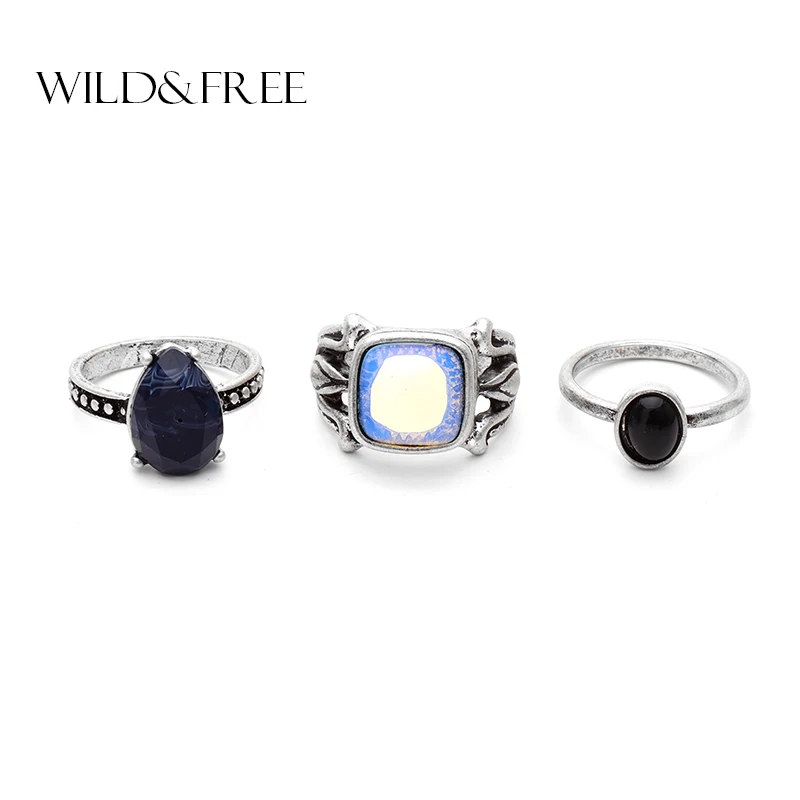 Для женщин 3 шт. Винтаж Натуральный камень палец кольцо комплект текстура Boho