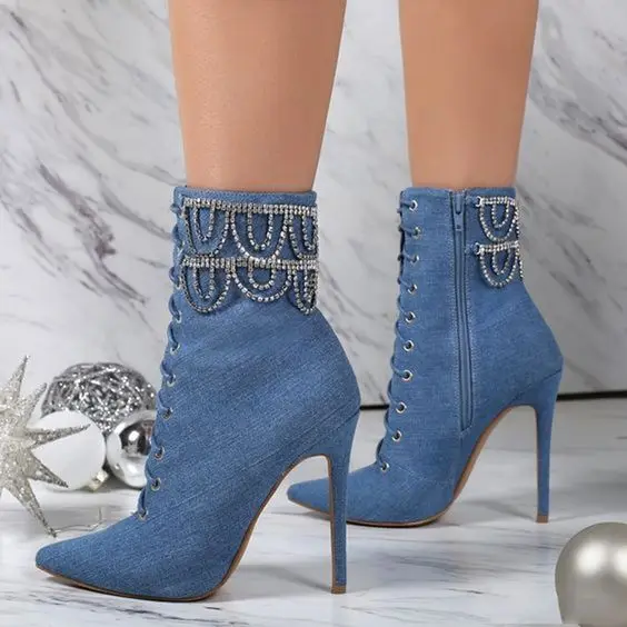 

New fashion bling bling crystal embellished high heel boots sexy pointed toe lace-up ankle boots denim blue thin heels boots