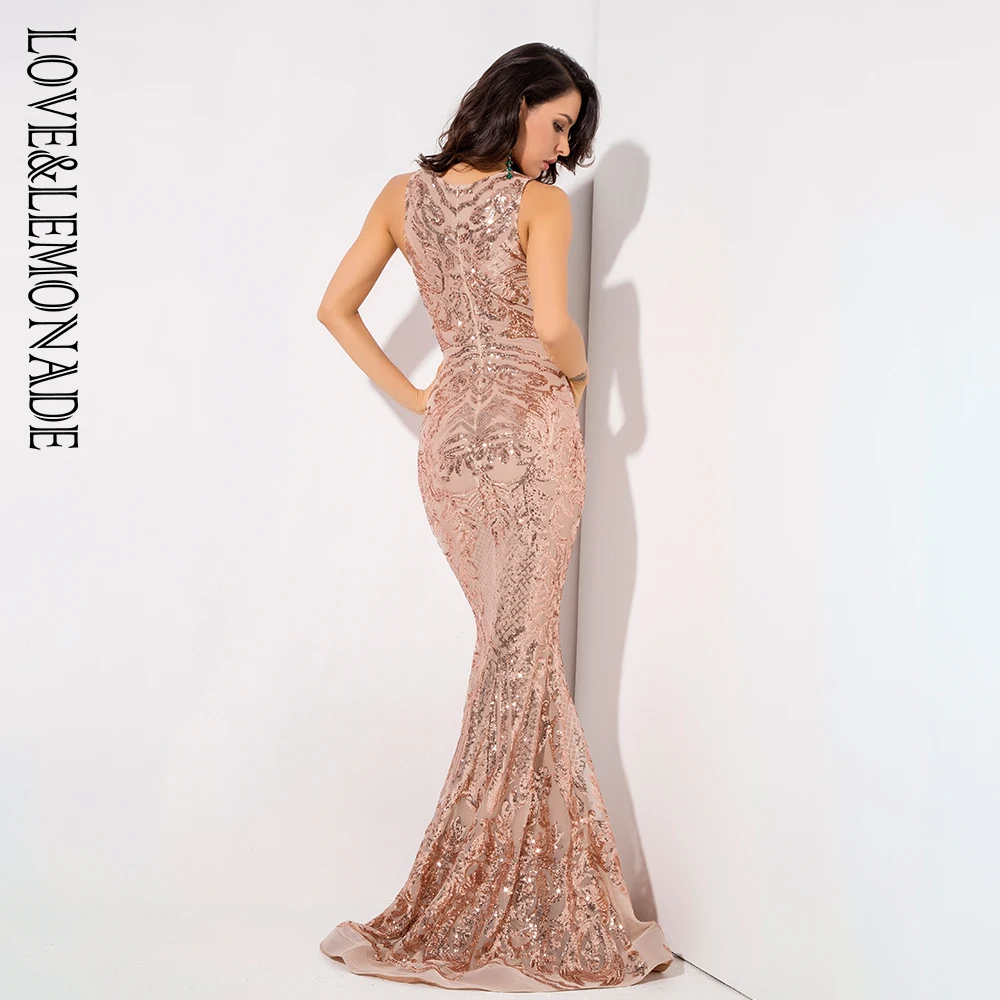 

LOVE&LEMONADE Deep V-Neck Rose Gold Geometric Sequins Mesh Lining Sleeveless Dress LM81336
