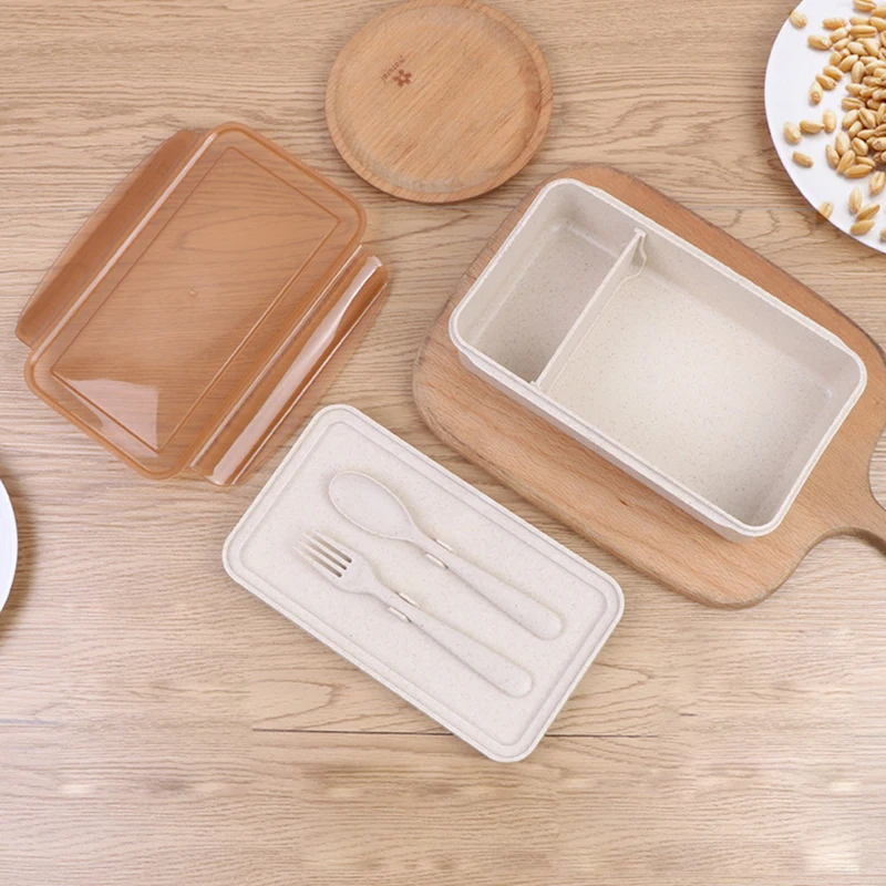 Коробка для ланча из пшеничной соломы с совком и вилкой экологичный чехол