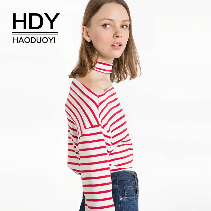 HDY Haoduoyi женские футболки с длинным рукавом красные и белые полосатые Свободные