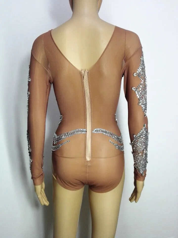 Sexy See-through female bodysuit Bright Crystals rhinestones jumpsuit nightclub Bar DJ DS costume dancer show party sexy Catsuit