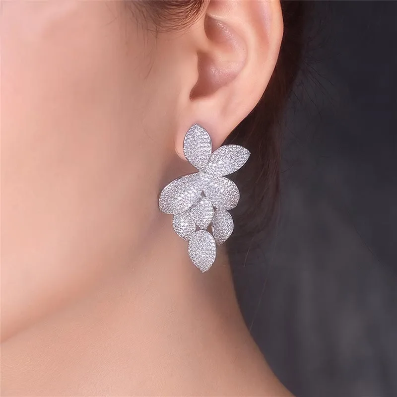 Janekelly Роскошные micro pave настройки AAA фианит листьями серьги-капли платье Патри