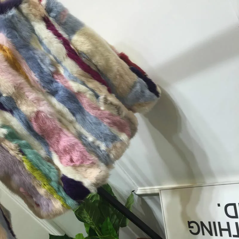 Женское короткое пальто из кроличьего меха с разноцветными рукавами, пальто с рукавом три четверти, толстые теплые куртки с круглым вырезом, уличная мода