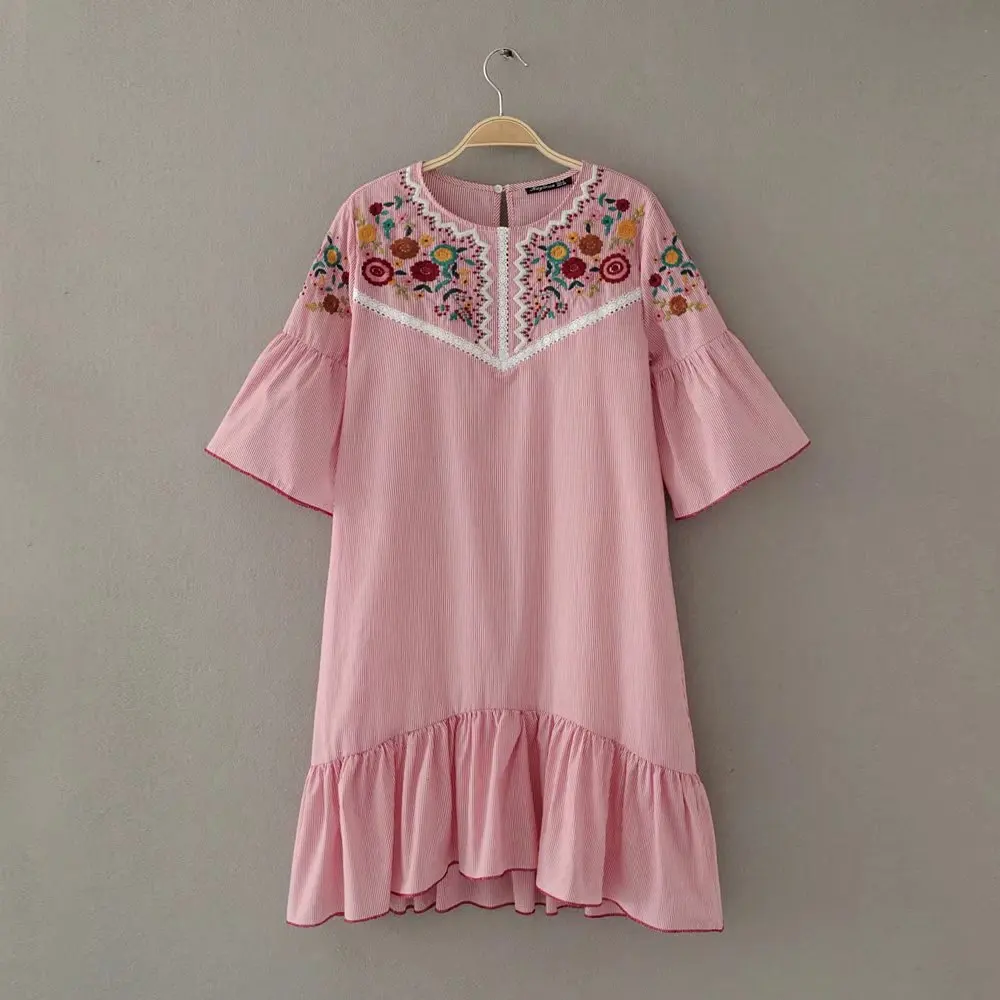 Sexemara женщины sweet оборками цветочные вышивка полосатый dress o шеи половина рукава