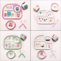 5pcs childrens tableware feeding bowl fork spoon cup lovely portable dishes cartoon kindergarten bamboo fiber baby food plate