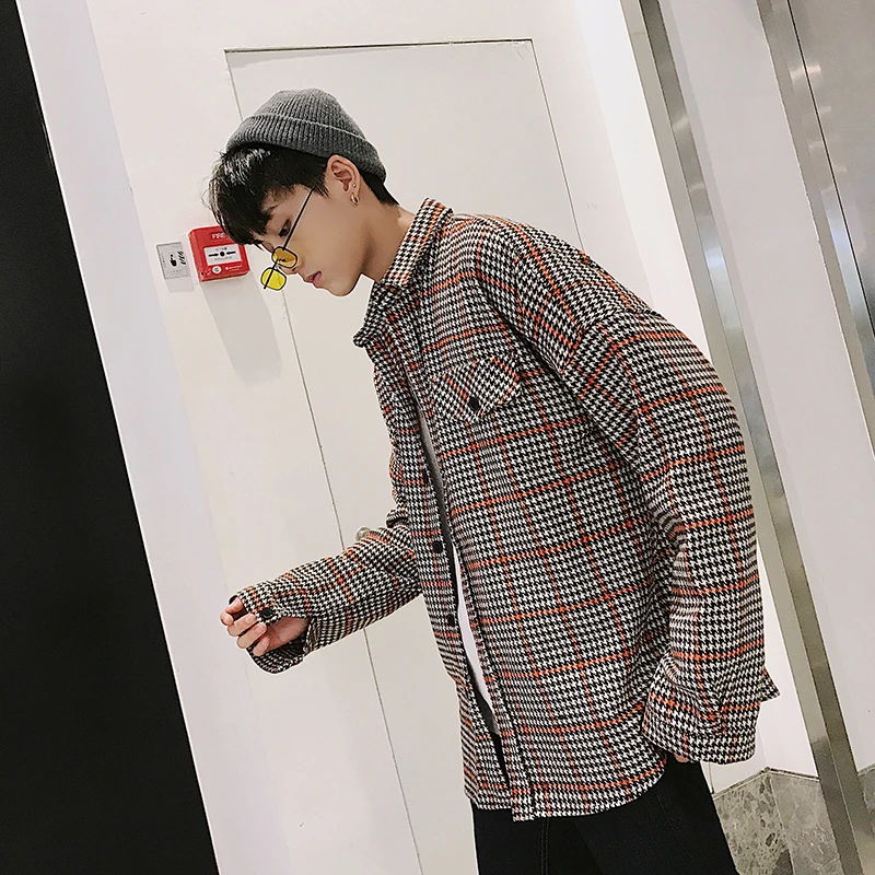 2018 Autumn Men's Lattice Printing Worsted Fabric Shirt Loose Coat Youth Brand Fashion French Cuff Red/yellow/green Shirts M-XL | Мужская