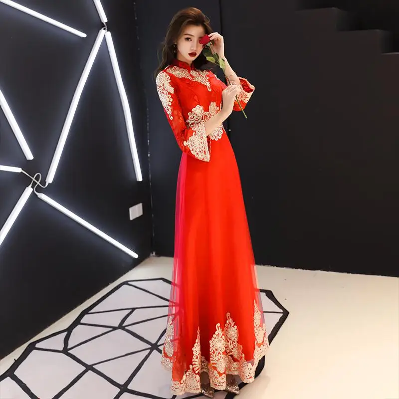 Китайский винтажный Красный в пол Cheongsam женский традиционный вышивка цветок Qipao невесты свадебное вечернее платье - Цвет: Style 10