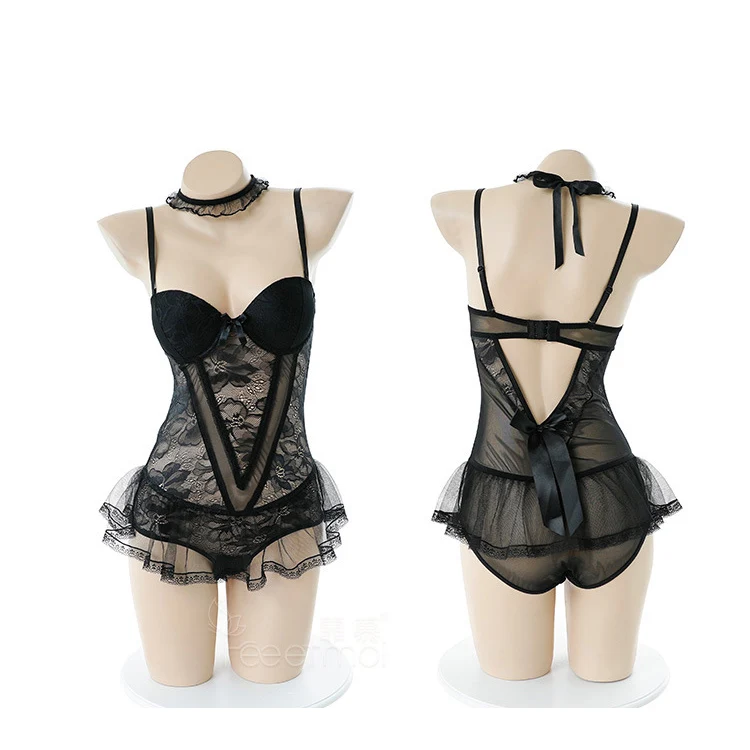Черный Черный Babydoll кружевной боди для женщин прозрачный сетчатый сексуальное боди комбинезоны бюстгальтер с мягкими чашечками комбинезон обтягивающий костюм - Цвет: Черный