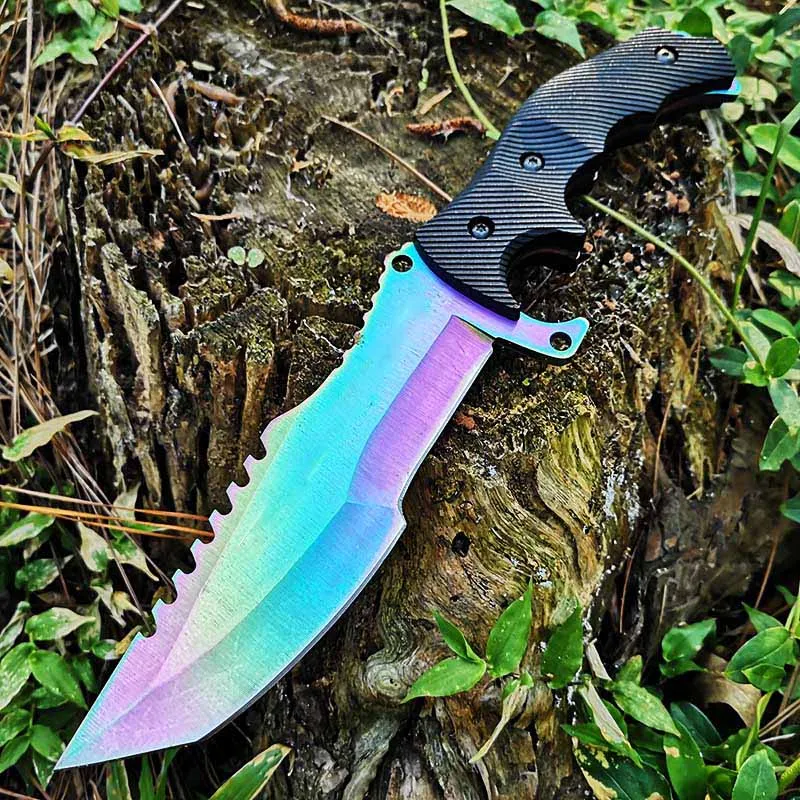 rainbow titanium Тактический нож с фиксированным лезвием, охотничий походный рыболовный нож Staright, нож для выживания на открытом воздухе - Цвет: rainbow titanium