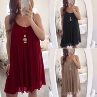 womens plus size spaghetti straps chiffon vest mini dress pleated layered cami front solid color loose flare swing party beach