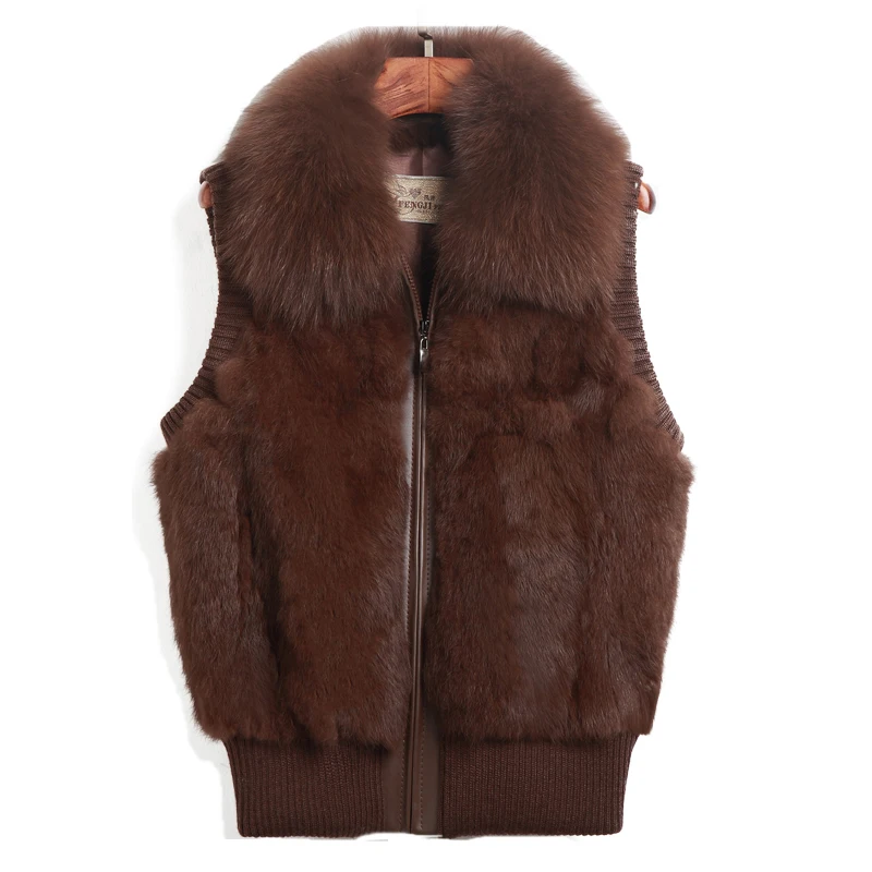 women real natural rabbit fur vest lady short genuine fluffy fox fur collar vests large Drop shipping