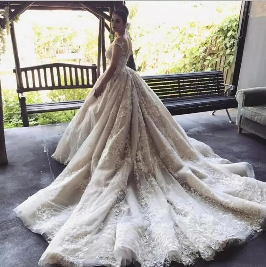 

Vestidos De Novia Plus Size Elegant Full Lace Wedding Dress Ball Gown Long Tail Wedding Dress Bridal Gown robe de mariee