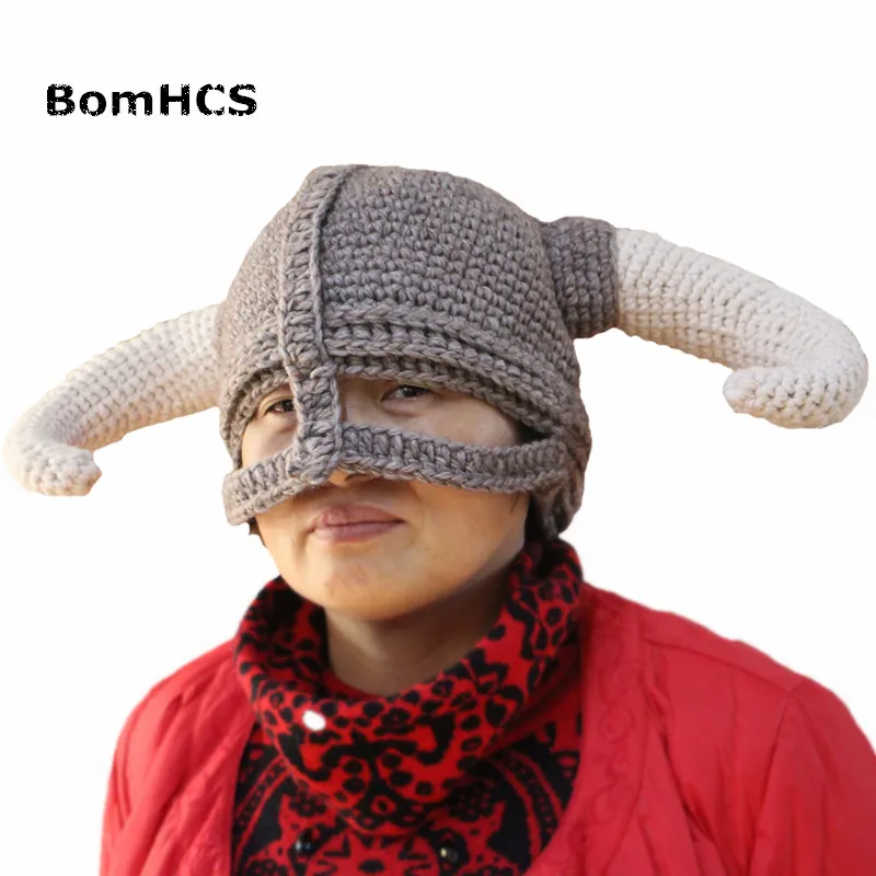 BomHCS Vikings Beanies Beard Horn Hats Handmade Knitted Caps Men's Women Birthday Cool Gifts Party Mask