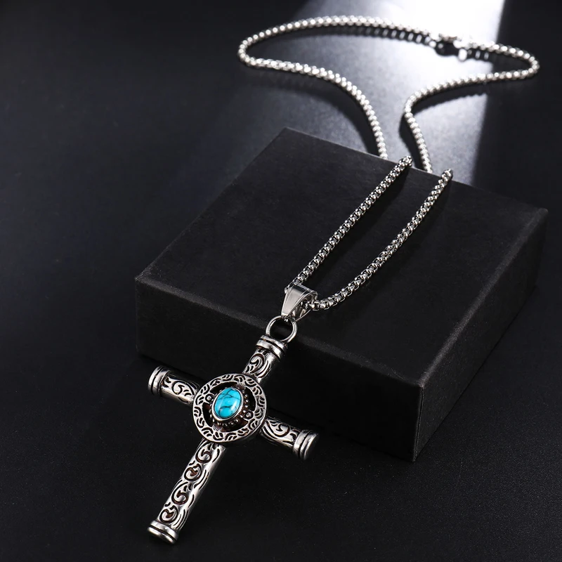 Retro Natural Black Blue Turquoises Cross Pendant Necklace Men Vintage Stainless Steel Religious Jesus Crucifix Male Jewelry | Украшения и