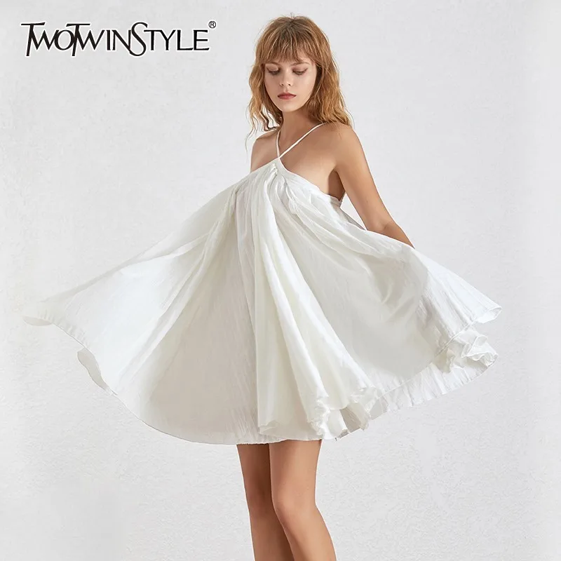 TWOTWINSTYLE Elegant Solid Dress For Women Off Shoulder Backless Bandage Oversized Mini Ball Gown Dresses Female Summer 2020 | Женская