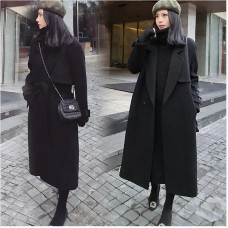 Женское шерстяное пальто длинное черное верхняя одежда размеры S/M/L/XL/XXL для весны