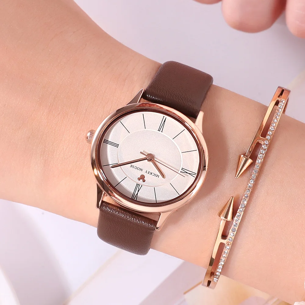 Женские часы бренда Disney женские наручные с Микки Маусом кварцевые кожаные