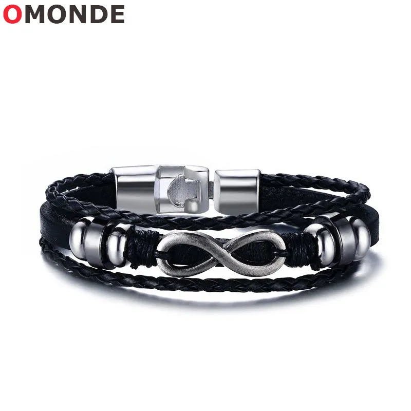 OMONDE Мужской 20 см черный из натуральной кожи веревочный браслет цепи Hematite бусы