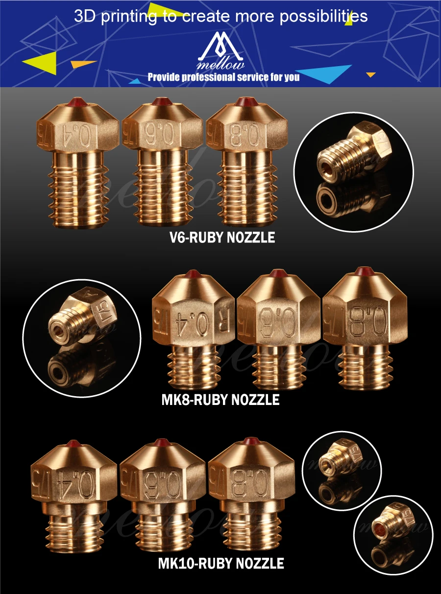 Mellow High Temperature 3d Printer NF-v6/mk10/mk8 Ruby Nozzle For Flashforge Micro Swiss Cr10 Mk8 E3d V6 Hotend