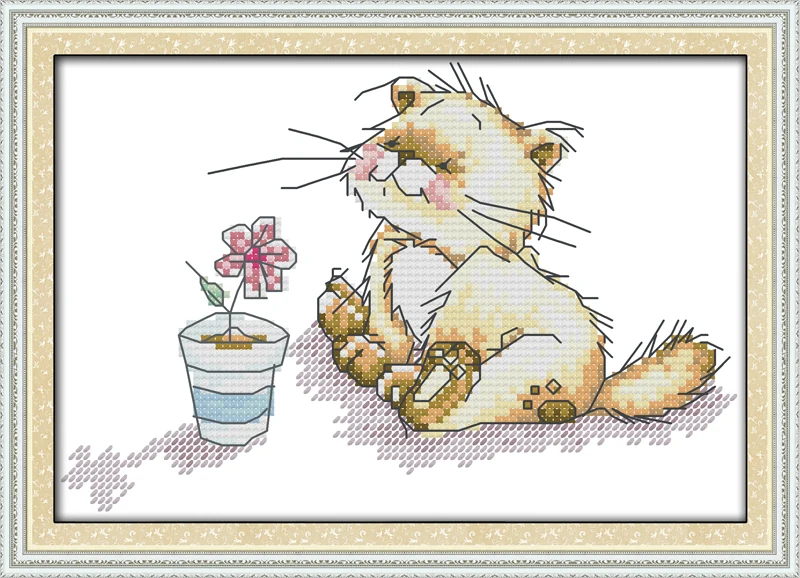 

The little cat with flower cross stitch kit cartoon 11ct count print canvas stitches embroidery DIY handmade needlework plus
