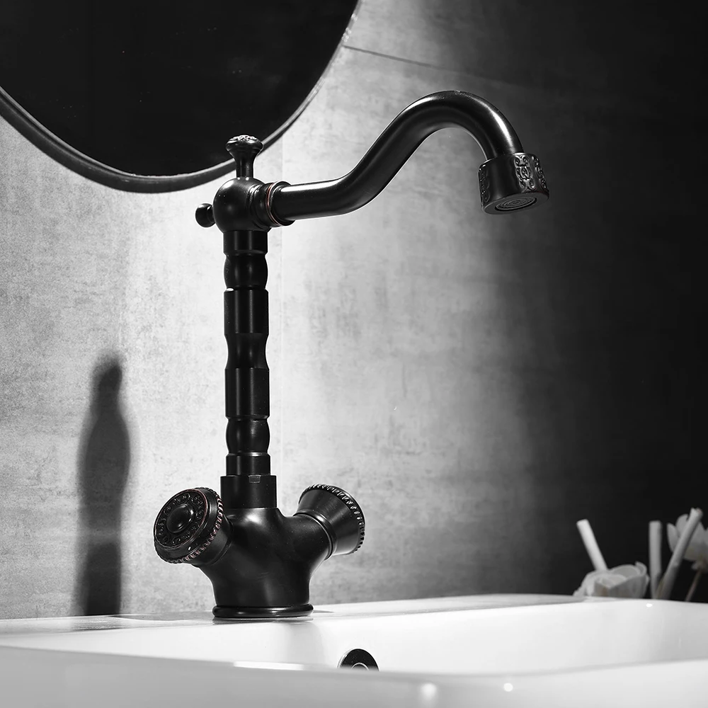 

Basin Faucets Black Antique Finish Brass Double Carving Handle Bathroom Sink Faucet Tall Swivel Spout Bathbasin Vanity Mixer Tap