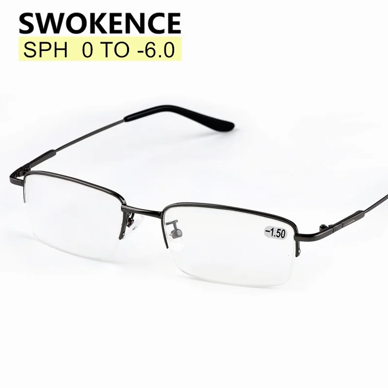 

SWOKENCE Diopter -1.0 to -6.0 Half Frame Finished Myopia Glasses Men Women Brand Alloy Square Frame Nearsighted Spectacles F173
