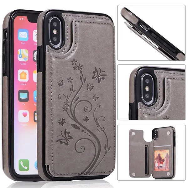 Чехол s для iphone X XS MAX XR кошелек чехол с держателем карты тисненый цветок Премиум из искусственной кожи чехол для iphone 8 7 6 6S plus чехол - Цвет: Серый