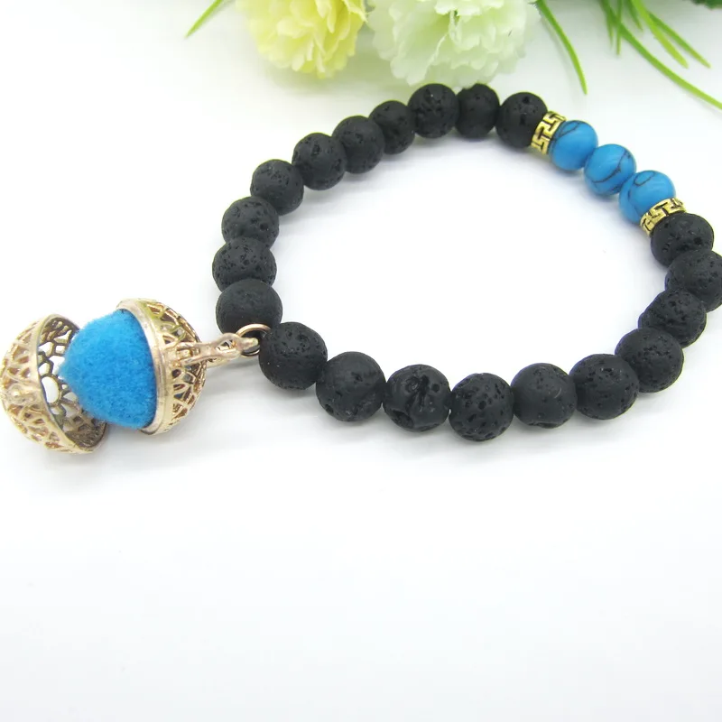 Бусины из черной лавы и цветные камни с милым медальоном сделай сам модные