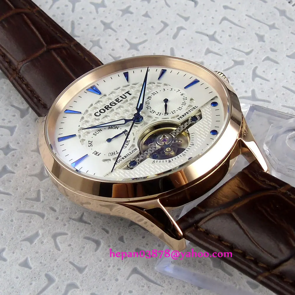 44mm Corgeut White dial blue hands Domed glass Golden case week&ampdate Multifunction Automatic movement men's watch P206 | Наручные