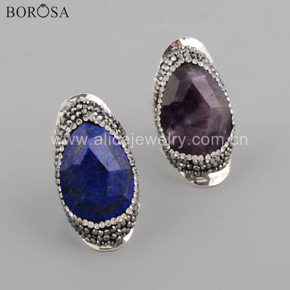BOROSA 5PCS wholesale Lapis Lazuli Faceted Drop Paved Crystal Band Rings Amethysts malachite tiger eye Amazonite JAB956-2 | Украшения и