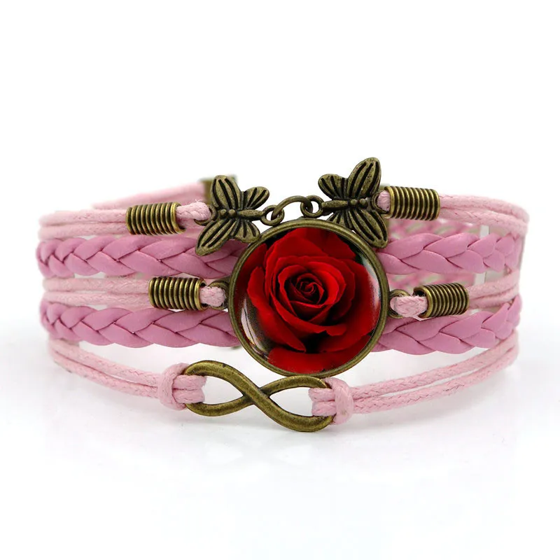 Многослойный кожаный плетеный браслет ручной работы с красной розой для девочек