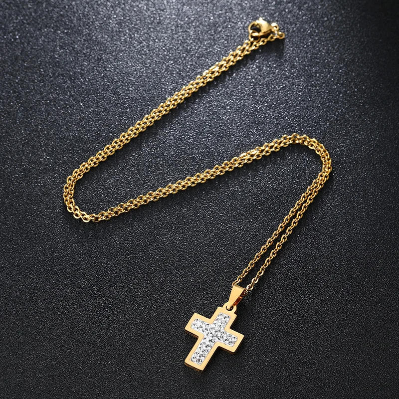 New Classic Gold Color Rhinestone Cross Pendant Necklace for Women/Girls Stainless Steel Charm Christmas Gift | Украшения и