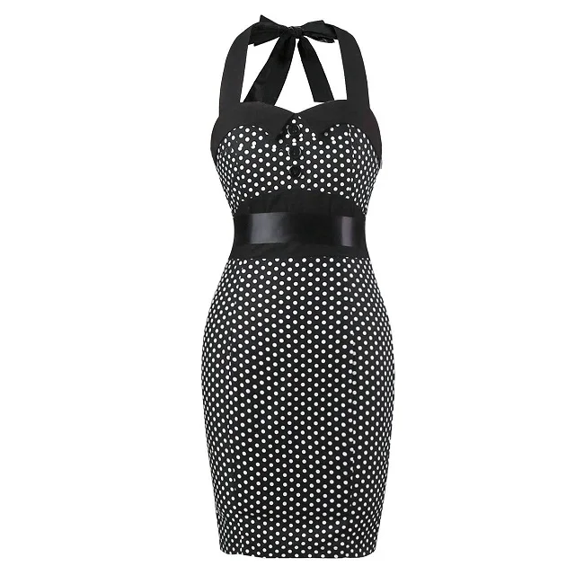 black polka dot dres Сексуальное платье-футляр с леопардовым принтом, в горошек, винтажное, женское, летнее, с открытой спиной, 50 s, Pin Up, рокабилли, тонкое, облегающее платье-карандаш - Цвет: black polka dot dres