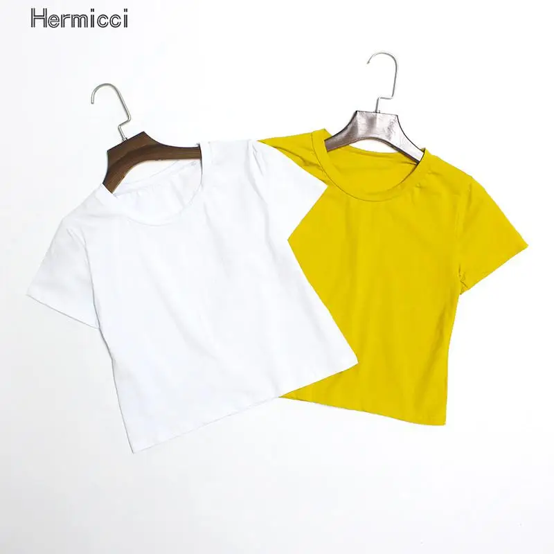 Женская Однотонная футболка Hermicci короткий топ женские летние футболки 2017 с